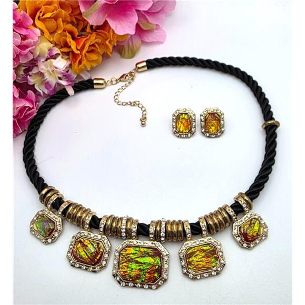 Watermelon Heliotrope Lucite Necklace Earrings Set 22" Black Cord Gold Tone Vtg.